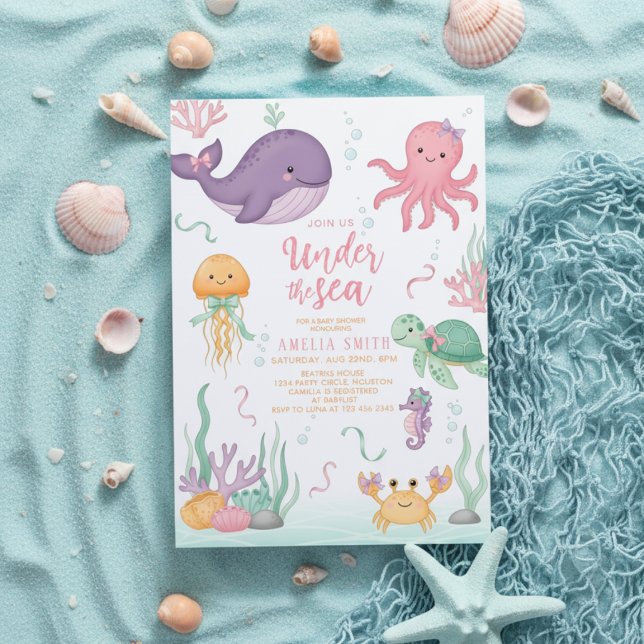 Invitation watercolor bow under the sea baby shower (Créateur téléchargé)