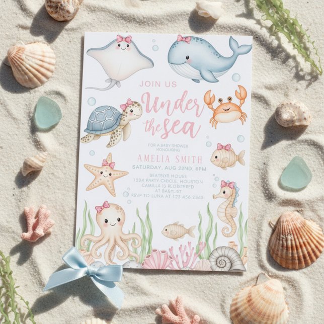 Invitation watercolor bow under the sea baby shower (Créateur téléchargé)