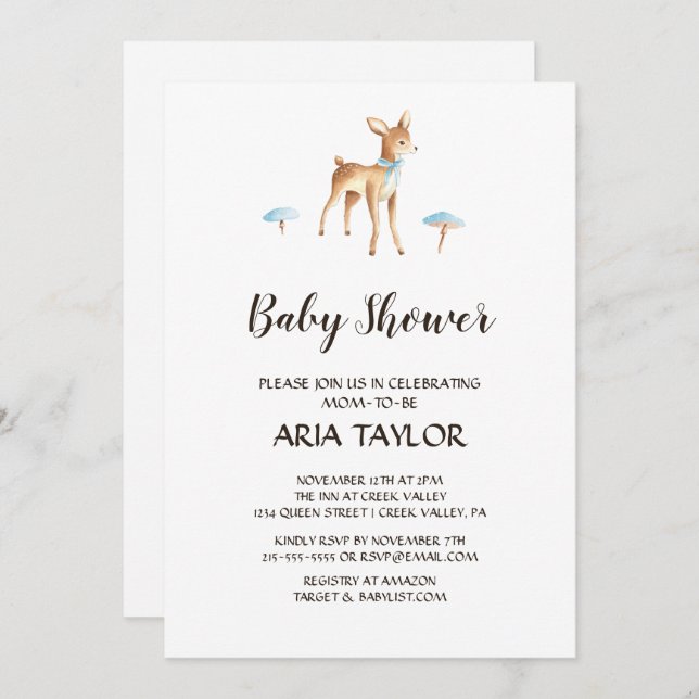 Invitation Watercolor Boy Deer sur le Baby shower blanc (Devant / Derrière)