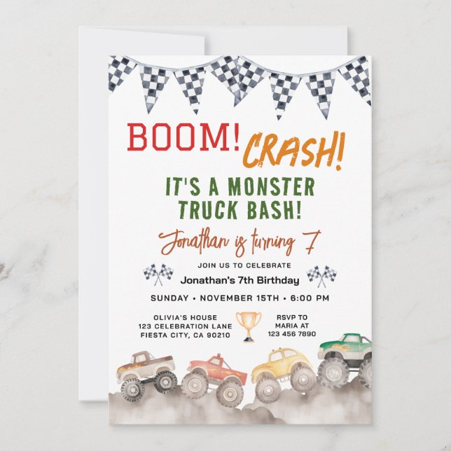 Invitation Watercolor Boy Monster Truck Birthday Race Party (Devant)
