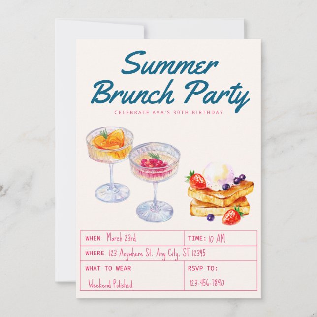 Invitation Watercolor Brunch Party Adult Birthday  (Devant)