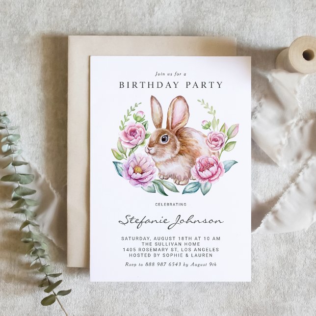 Invitation Watercolor Bunny and Pink Flowers Birthday Party (This charming birthday invitation features a watercolor rabbit nestled inside a floral wreath.)