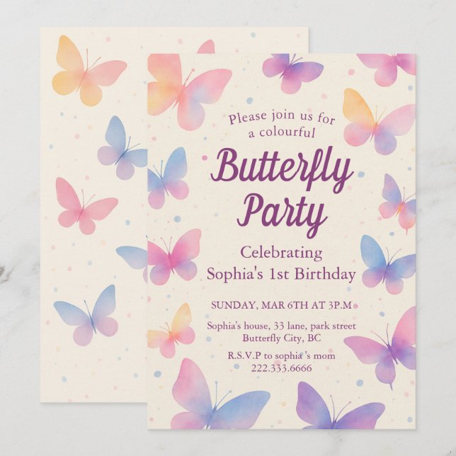 Invitation Watercolor Butterfly 1st Birthday Party (Devant / Derrière)
