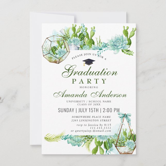 Invitation Watercolor Cactus Eucalyptus Graduation Party (Devant)