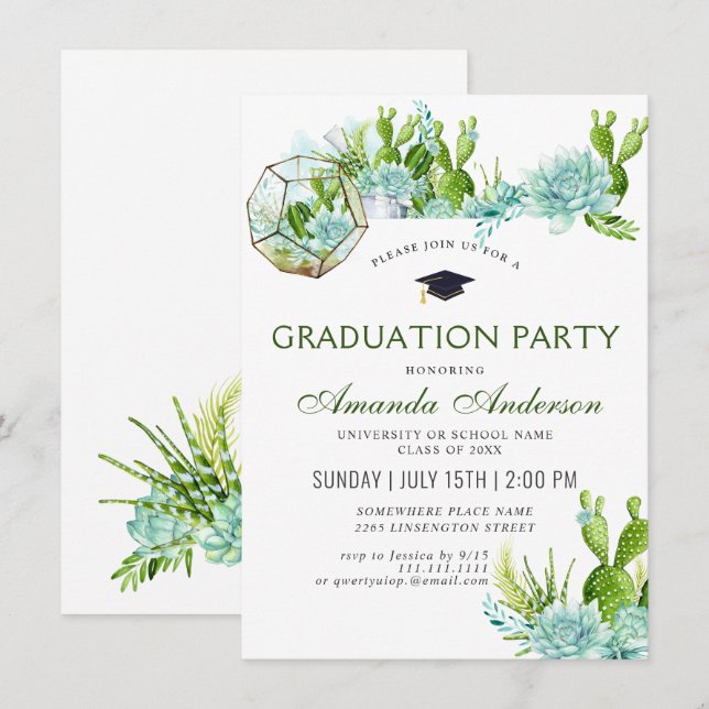 Invitation Watercolor Cactus Eucalyptus Graduation Party (Devant / Derrière)