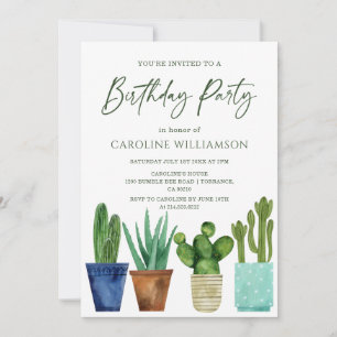 Invitation Watercolor Cactus House Plantes fête d'anniversair