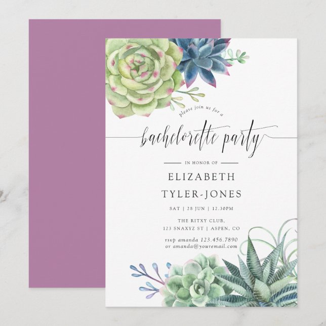 Invitation Watercolor Cactus Succulente Bachelorette Party (Devant / Derrière)