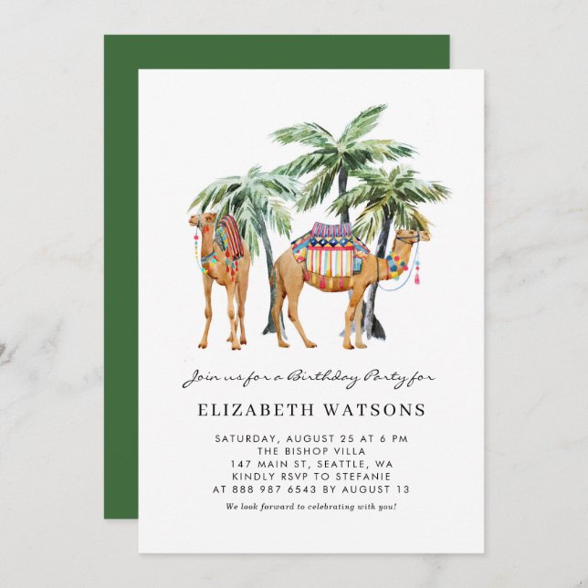 Invitation Watercolor Camels Palm Trees Désert Anniversaire F (Devant / Derrière)