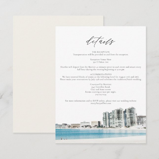 Invitation Watercolor Cancun Beach Wedding Details Card (Devant / Derrière)
