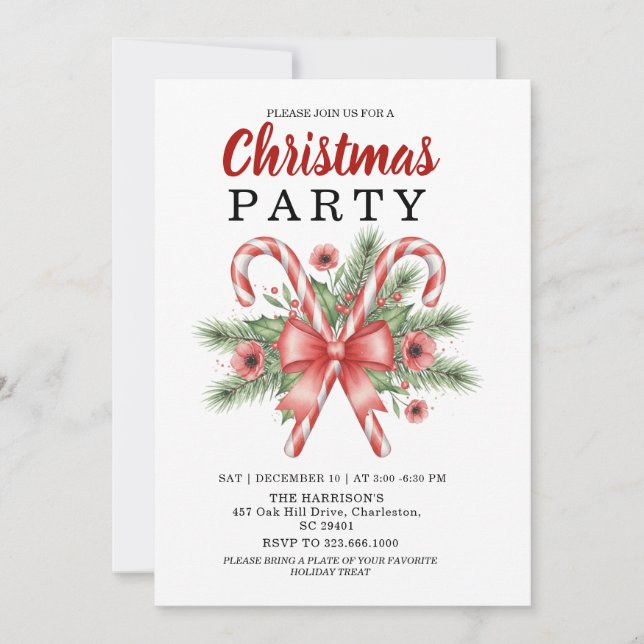 Invitation Watercolor Candy Cane & Red Bow Christmas Holiday  (Devant)