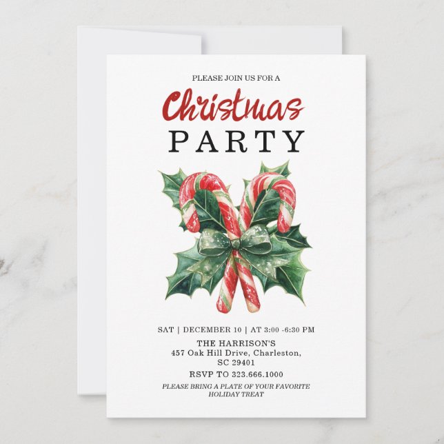Invitation Watercolor Candy Cane & Red Bow Christmas Holiday  (Devant)