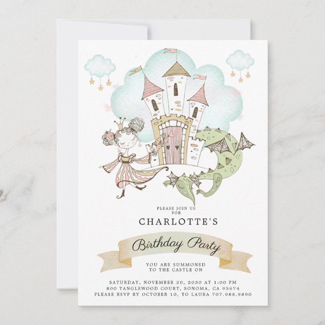 Invitation Watercolor Castle Princess Dragon Girl'anniversair (Devant)