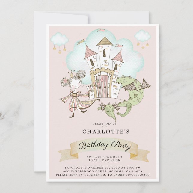 Invitation Watercolor Castle Princess Dragon Rose Anniversair (Devant)