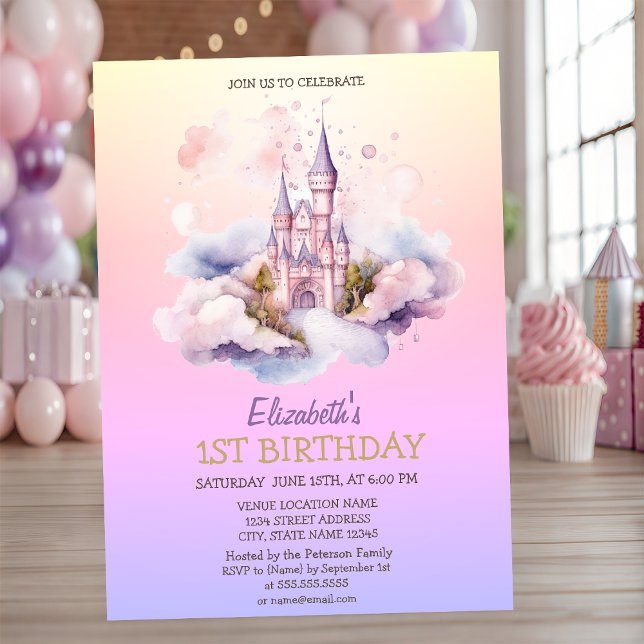 Invitation Watercolor Castle Princess Ombre Anniversaire (Créateur téléchargé)