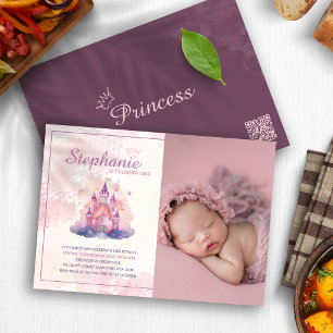 Invitation Watercolor Castle Rose Baby girl 1er anniversaire