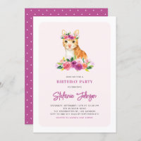 Watercolor Chat Floral Anniversaire de enfant Invi