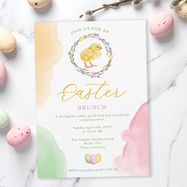 Invitation Watercolor Chick And Pastel Wreath Easter Brunch (Créateur téléchargé)