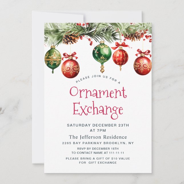 Invitation Watercolor Christmas Balls Orament Exchange Invit (Devant)