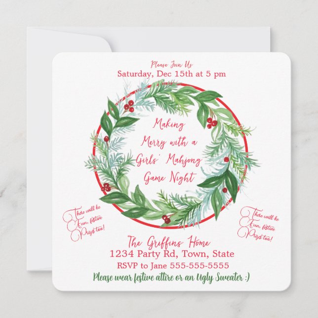 Invitation Watercolor Christmas MAHJONG Holiday Party (Devant)