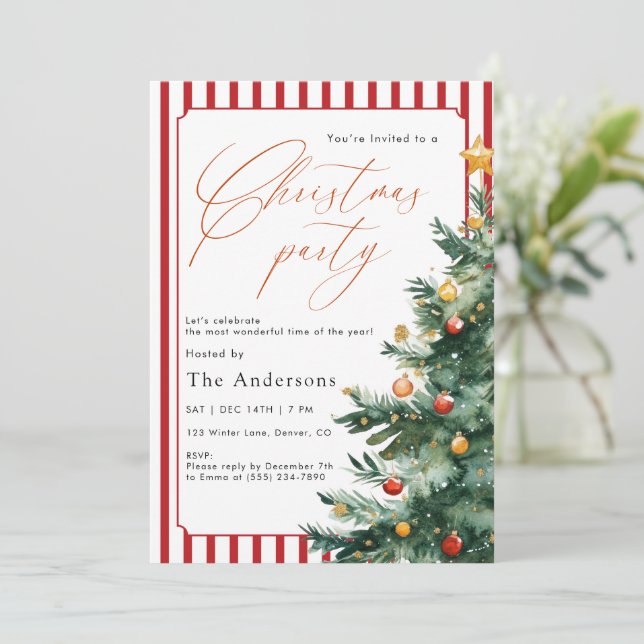 Invitation Watercolor Christmas tree Red Stripe Party (Debout devant)
