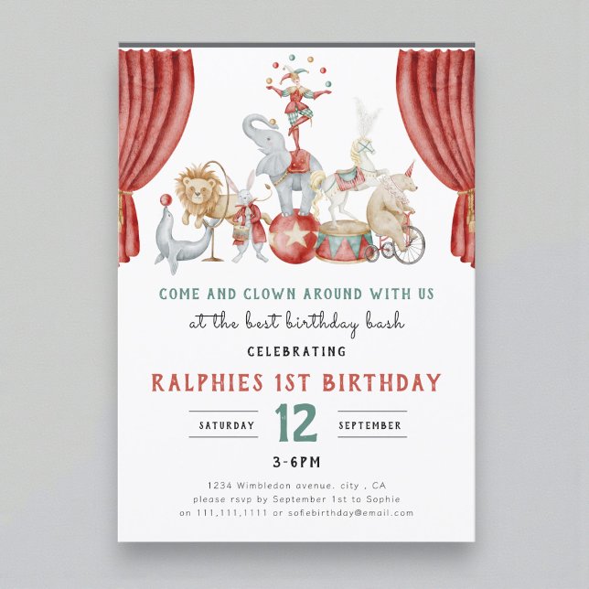 Invitation Watercolor Circus Elephant First Birthday (Créateur téléchargé)