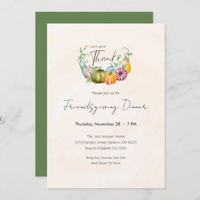 Invitation Watercolor Citrouille Friendsgiving Diner Party (Devant / Derrière)