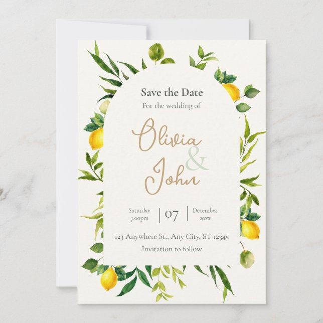Invitation Watercolor Citrus Lemon Arch Save the Date Card (Devant)