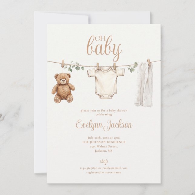 Invitation Watercolor Clothesline Neutral Baby Shower (Devant)