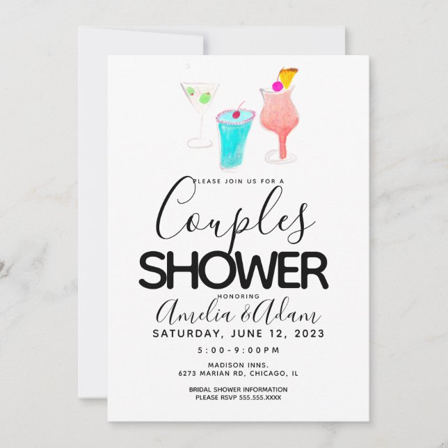 Invitation Watercolor Cocktail Painted Couples Shower Événeme (Devant)