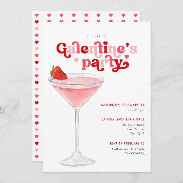 Invitation Watercolor Cocktail Retro Galentine's Day Party (Devant / Derrière)