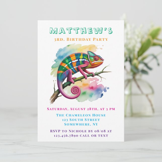 Invitation Watercolor Colorful Chameleon Birthday Party (Debout devant)
