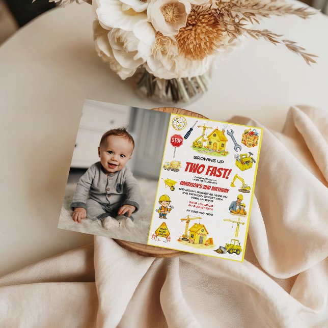 Invitation Watercolor Construction 2nd Birthday Party  (Watercolor Construction 2nd Birthday Party Invitation)