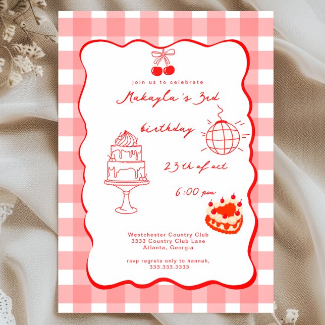 Invitation Watercolor Coquette Cherry 3rd Sweet Birthday (Créateur téléchargé)