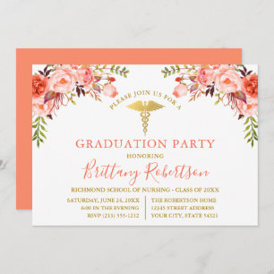 Invitation Watercolor Coral Floral Médicale Graduation Party