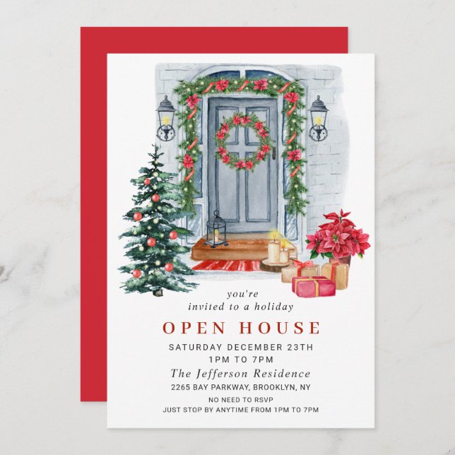 Invitation Watercolor Country Holiday Christmas Open House (Devant / Derrière)