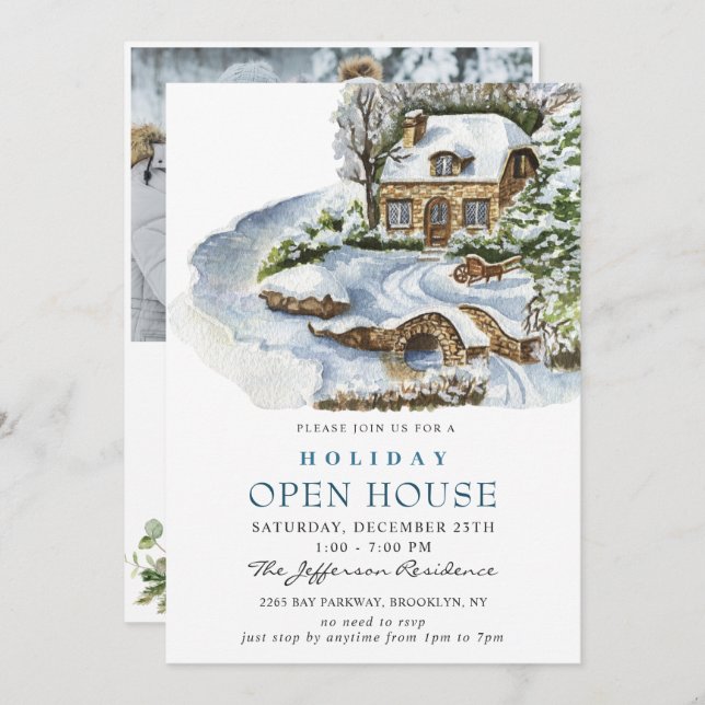 Invitation Watercolor Country Holiday Christmas Open House (Devant / Derrière)