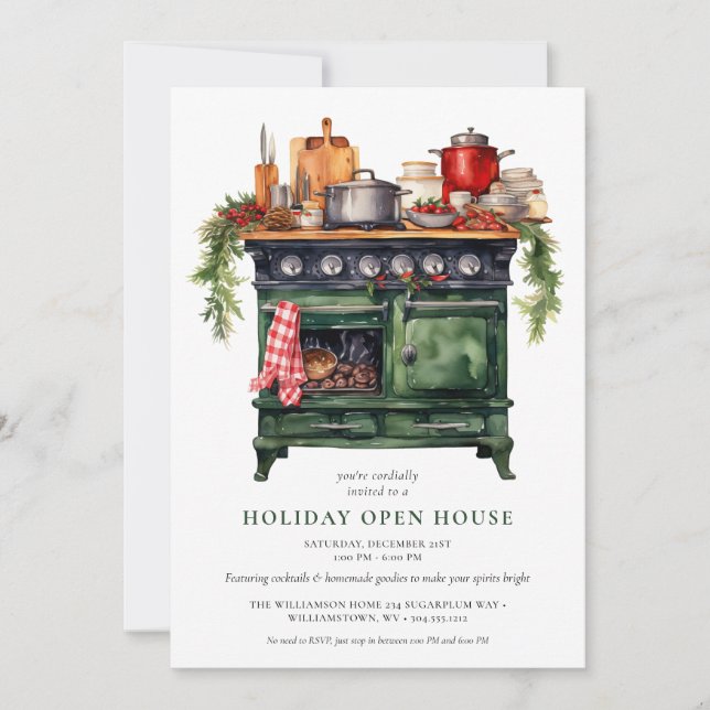 Invitation Watercolor Country Holiday Christmas Open House (Devant)