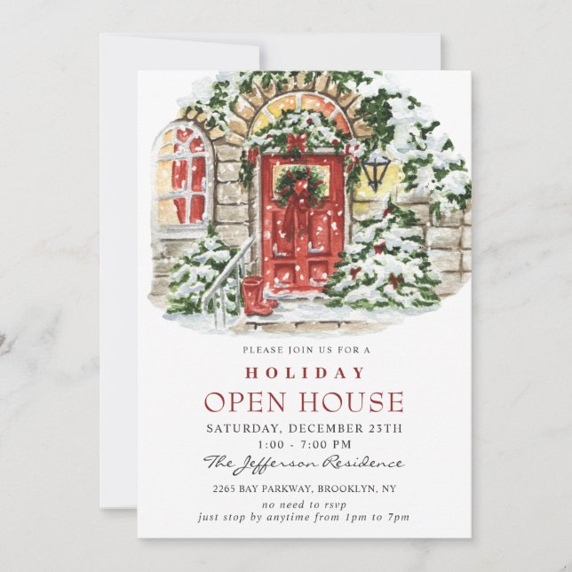 Invitation Watercolor Country Holiday Christmas Open House (Devant)