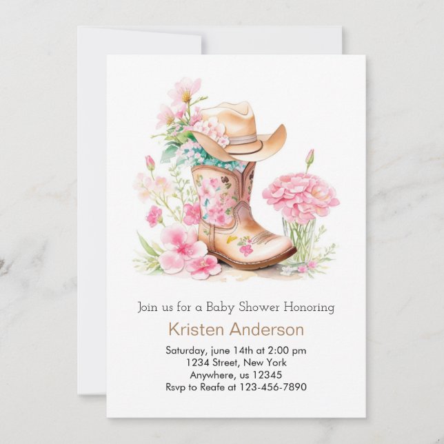 Invitation Watercolor Cowgirl Casquette et Boot DreamBaby sho (Devant)