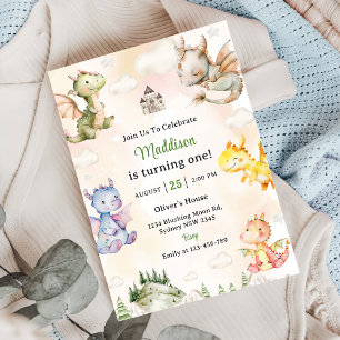 Invitation Watercolor Cute Dragon 1ère fête d'anniversaire