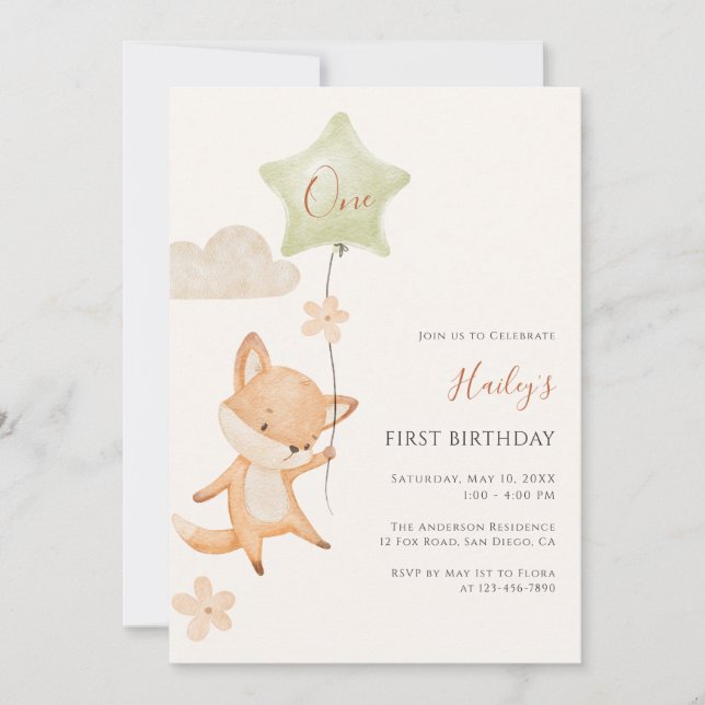 Invitation Watercolor Cute Fox Flying Balloon First Birthday (Devant)