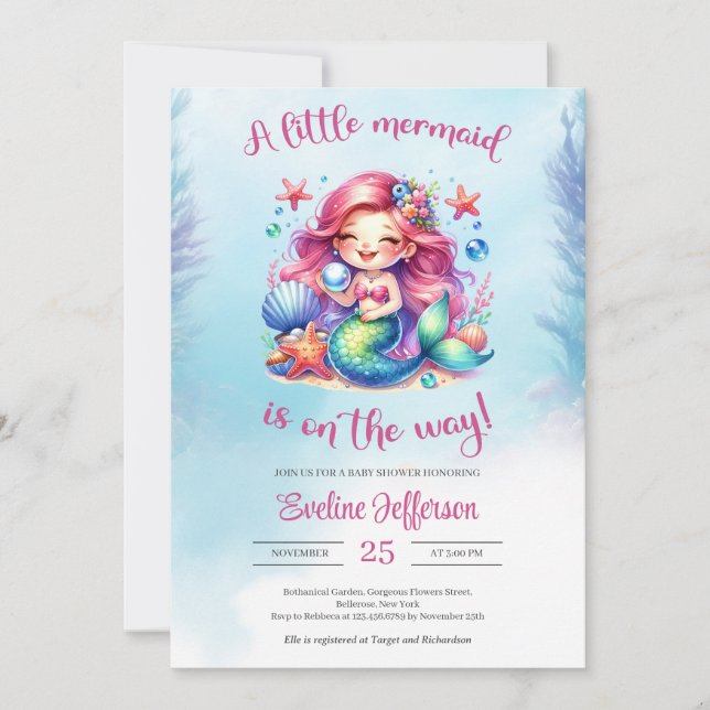 Invitation Watercolor cute little mermaid is on the way (Devant)