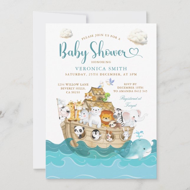 Invitation Watercolor Cute Noah's Ark baby shower adventure (Devant)
