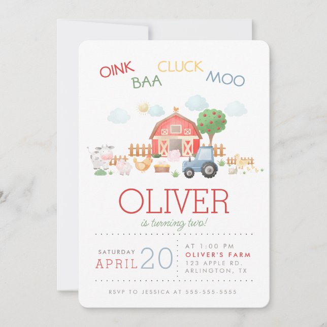 Invitation Watercolor Cute Red Barnyard Farm Animal Invitatia (Devant)