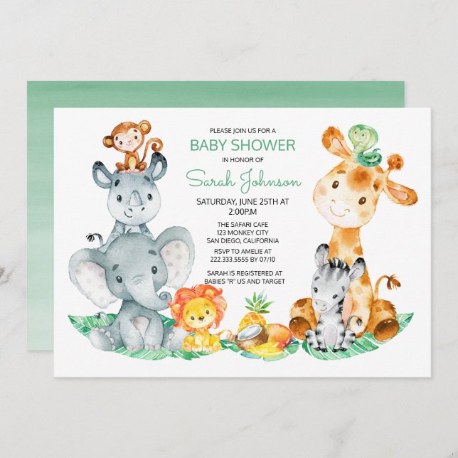 Invitation Watercolor Cute Safari Jungle Baby shower (Devant / Derrière)