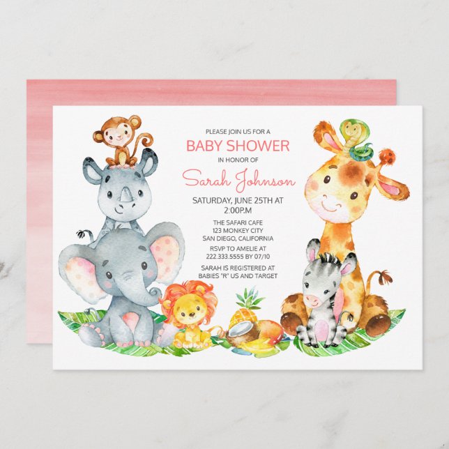 Invitation Watercolor Cute Safari Jungle Baby shower fille (Devant / Derrière)