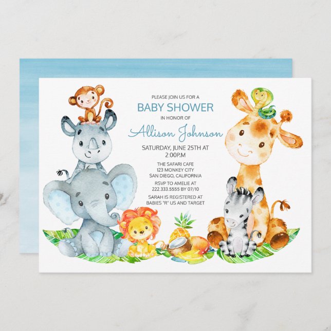 Invitation Watercolor Cute Safari Jungle Boy Baby shower (Devant / Derrière)