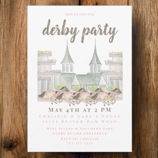 Invitation Watercolor Derby Party Horse Racing Building Brown