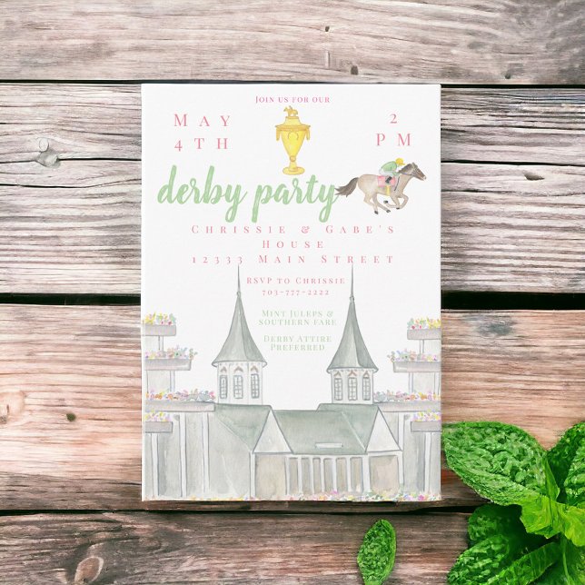 Invitation Watercolor Derby Party Jockey Building Gold Trophé (Créateur téléchargé)