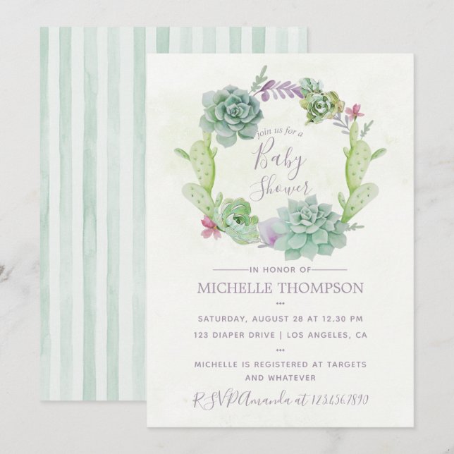 Invitation Watercolor Desert Cactus Baby shower Succulent (Devant / Derrière)